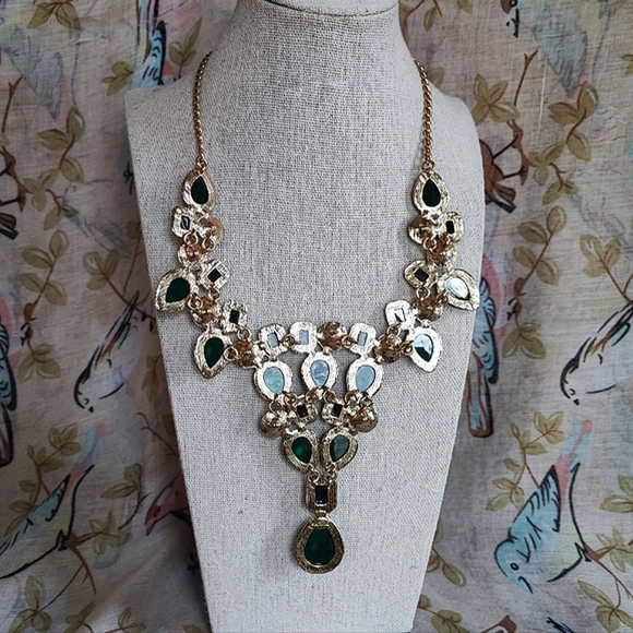 Amrita Singh Signed Faceted Blue Green Clear Rhinestone Statement Necklace EUC - Picture 3 of 8